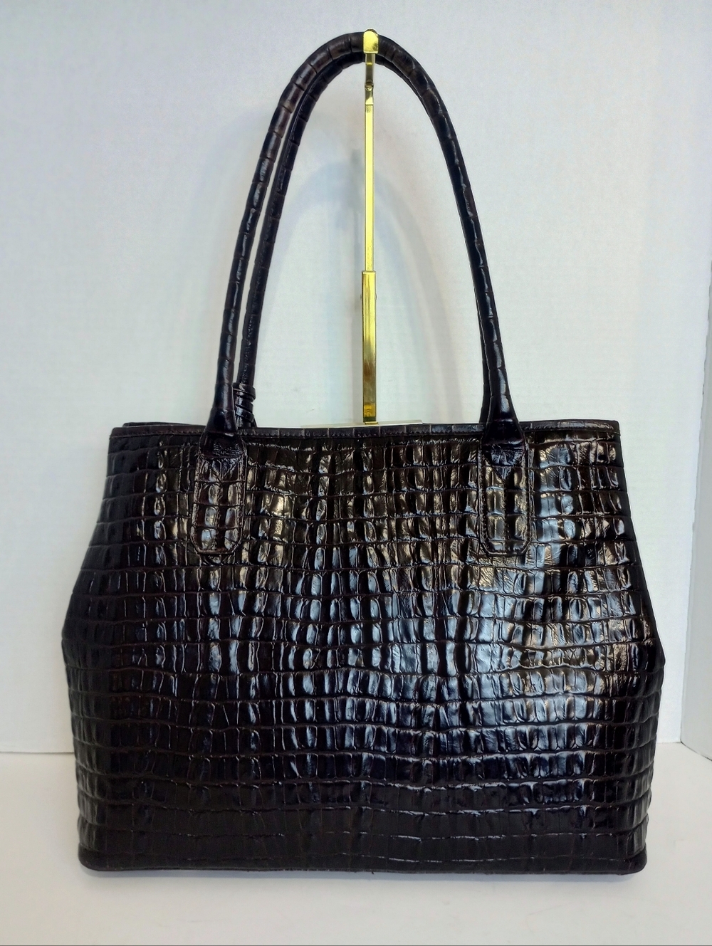 Brahmin Strada Anytime Croc Embossed Leather Tote In Caviar La Scala, Dark Brown - Picture 2 of 10